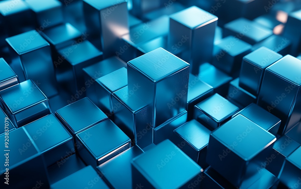 Poster 3d illustration of smooth metal cubes with brushed surfaces in dynamic composition