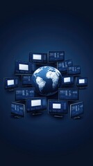 Various screens showcase diverse digital content surrounding a globe, providing a backdrop for communication and media engagement