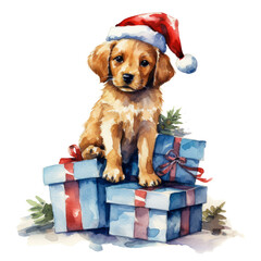 cute adorable watercolor Christmas puppy with red Santa hat and gifts isolated on a transparent background, holiday season, transparent png background, 