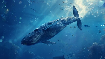 Fototapeta premium A whale swimming underwater, with rays of sunlight shining through the water surface. Whale in the deep blue ocean