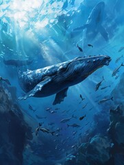 Naklejka premium A whale swimming underwater, with rays of sunlight shining through the water surface. Whale in the deep blue ocean