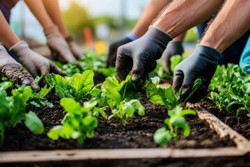 A close-up of multiple hands wearing gloves, working diligently to tend to green leafy plants in a well-maintained garden bed, representing teamwork and nurturing nature.