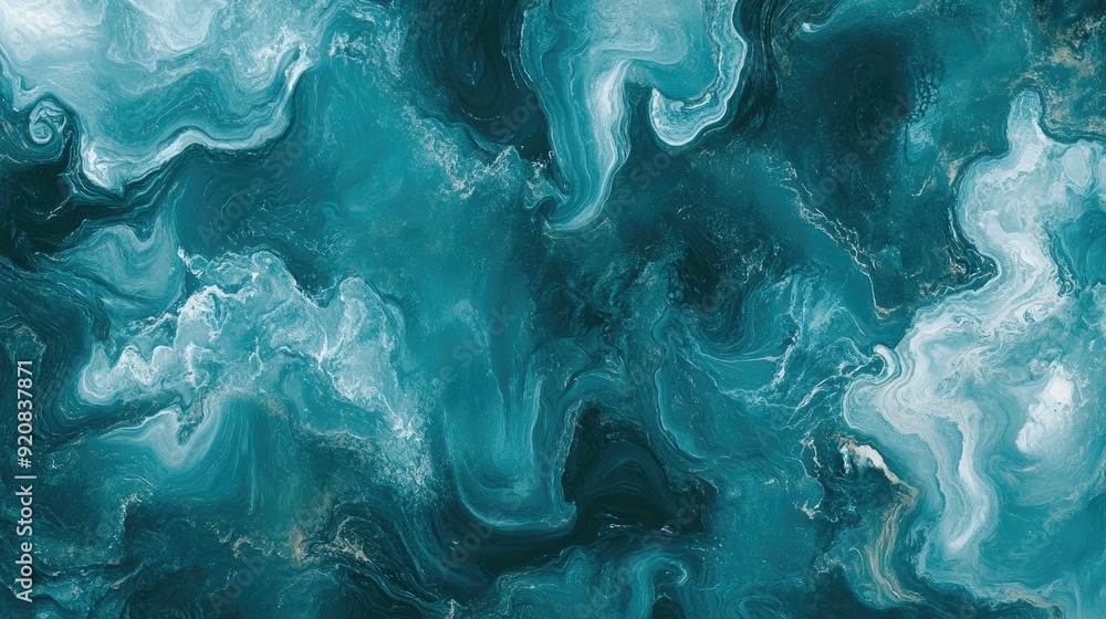 Poster teal marble effect with intricate white swirls, creating a visually stunning abstract design ideal f