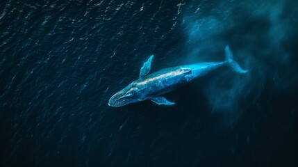 A majestic blue whale gliding through the deep blue ocean, its massive form and distinctive tail fin visible.