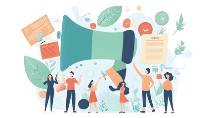 Public Relations Strategy Featuring Press Releases and Media Outreach Tools: An illustration highlighting a PR strategy that includes press releases, media outreach tools, and campaign materials.