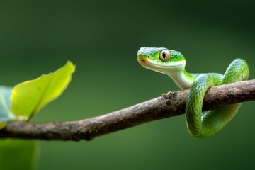 Obraz premium a green little snake on the branch