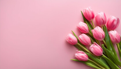 Fototapeta premium Beautiful composition spring rose flowers. Bouquet of pink tulips flowers on pastel pink background. Valentine's Day, Easter, Birthday, Happy Women's Day, rose flowers with pink background