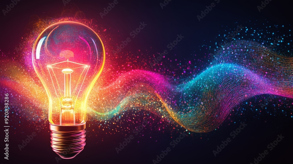 Wall mural a light bulb with colorful waveforms around it, representing the flow of ideas in business