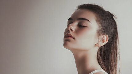 Young woman with her eyes closed, looking peaceful.