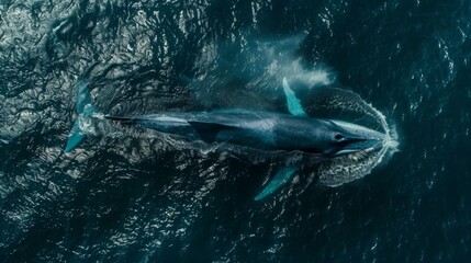 Fototapeta premium A majestic blue whale gliding through the deep blue ocean, its massive form and distinctive tail fin visible.