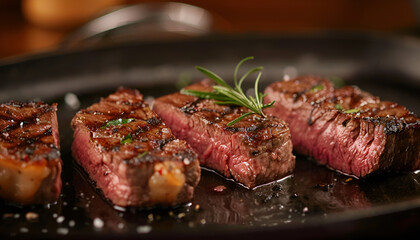 medium rare steaks, as a luxurious dish appetizingly served on the pan in five-star hotel