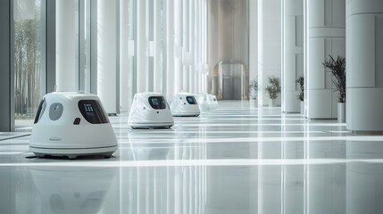  A visual of robots autonomously cleaning spaces, from homes to large public areas, with advanced sensors 