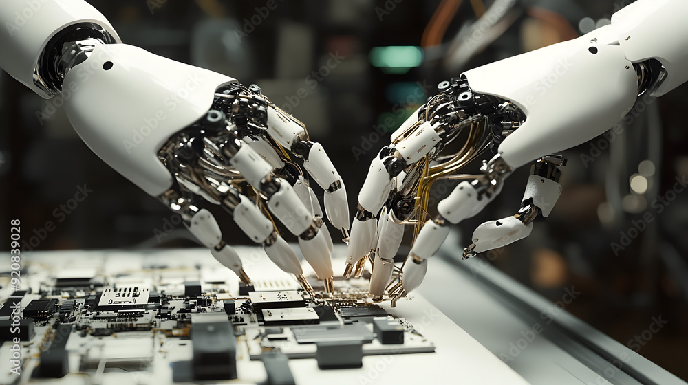 Poster robotic hands performing precision tasks - a depiction of robotic hands performing intricate tasks, 