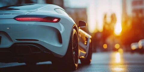 A sleek, luxury white sports car captured on a wet road during sunset, with warm light reflecting...