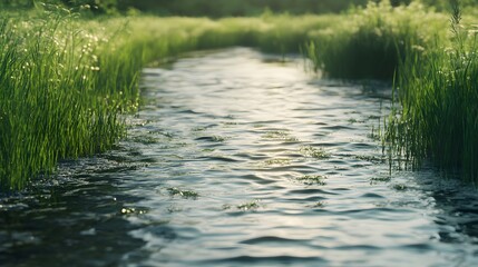 Fototapeta premium Fluidity of water streaming through wetland plants, capturing natural elegance