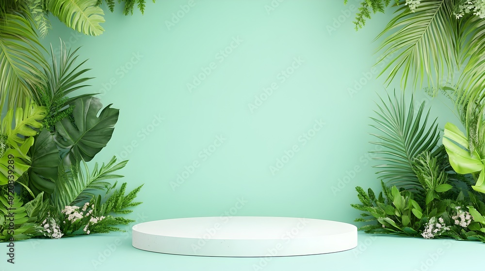 Poster empty green leaf backdrop podium for product display or branding presentation
