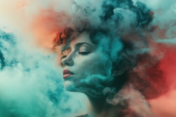 A visually striking abstract image of a woman surrounded by swirling colorful smoke clouds, representing imagination and surrealism.