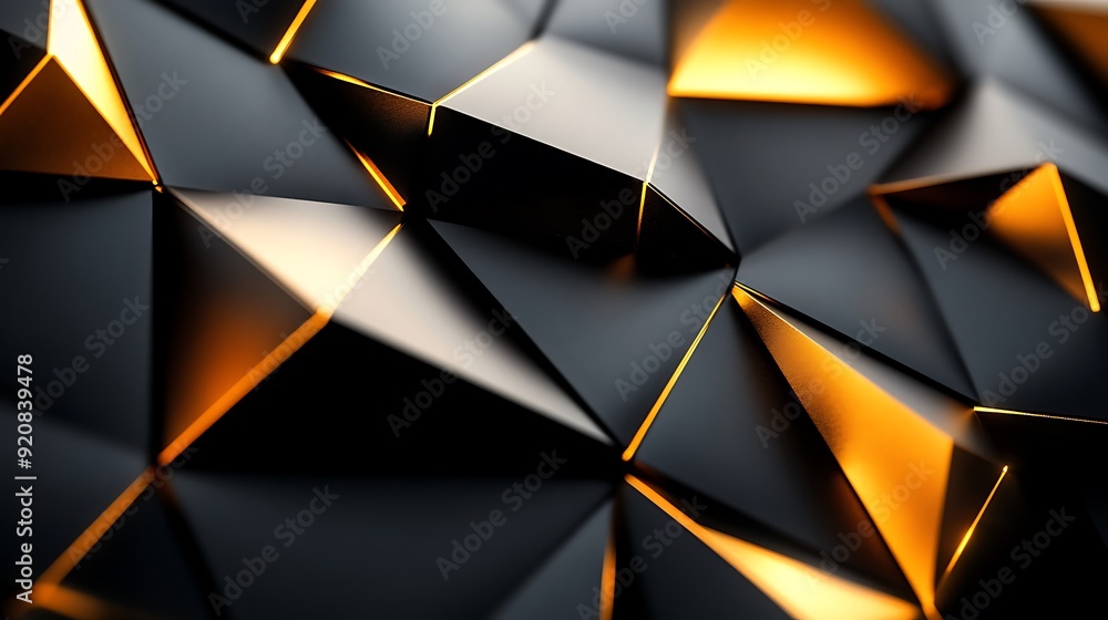 Poster 3D Illustration of Black and Gold Angular Shapes Intersecting with Sharp Reflections