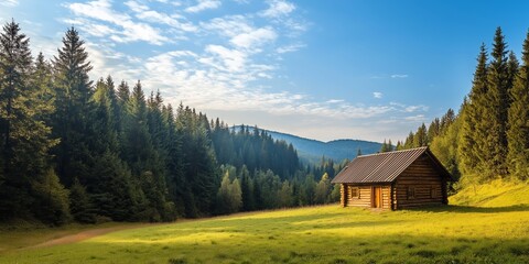 A secluded wooden cabin is set in a lush forest under clear blue skies, surrounded by nature and tranquility.