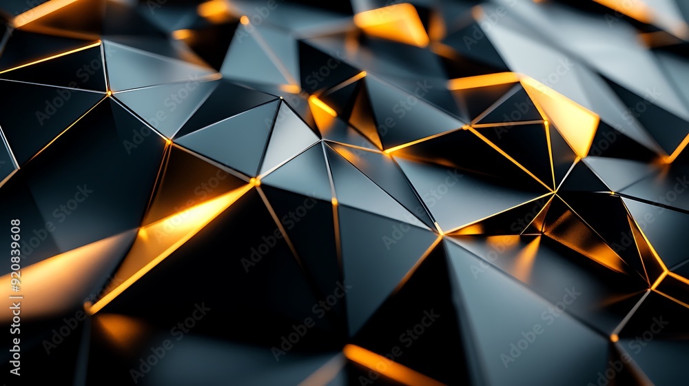 Poster 3d illustration of black and gold angular shapes intersecting with sharp reflections