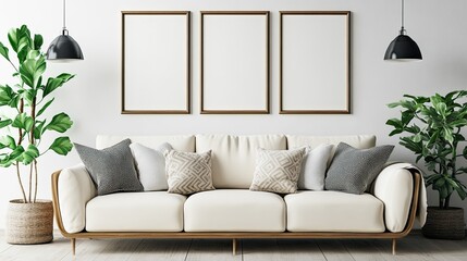 A chic living room with a comfortable sofa  houseplants 