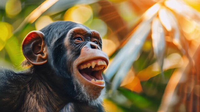 Chimp monkey laughs in tropical forest on sunshine