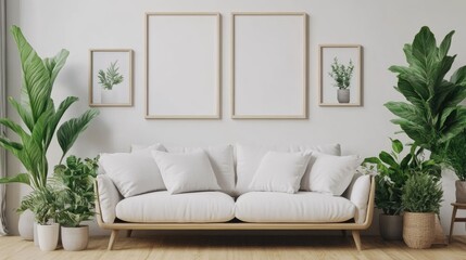 Fototapeta premium A chic living room with a comfortable sofa houseplants 
