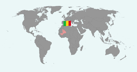 Pin map with Mali flag on world map. Vector illustration.