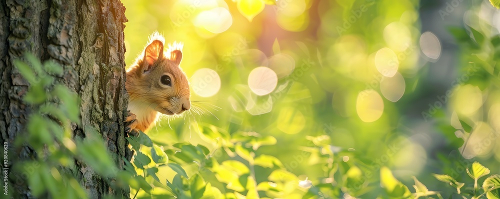 Poster a curious squirrel peeking out from behind a tree trunk in a lush forest setting