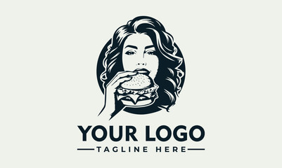 Woman eating hamburger vector logo with closed eyes Woman enjoys hamburger with eyes closed. Suitable for food blogs, restaurant promotions, and social media posts about fast food. 
