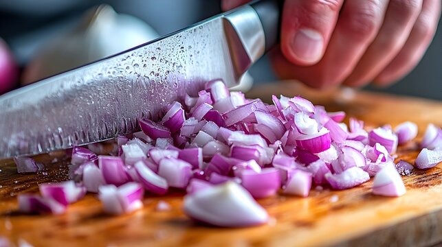 Close up of a chef s hands dicing a fresh red onion on a wooden cutting board