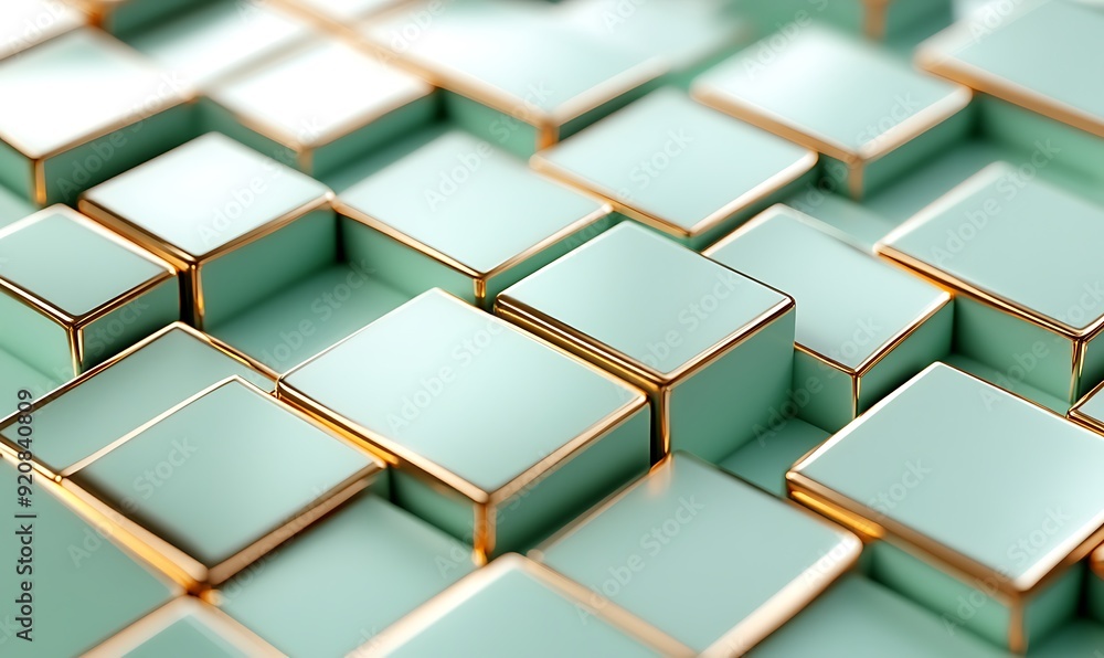 Aufkleber 3d illustration of light green cubes with gold edges in a staggered pattern