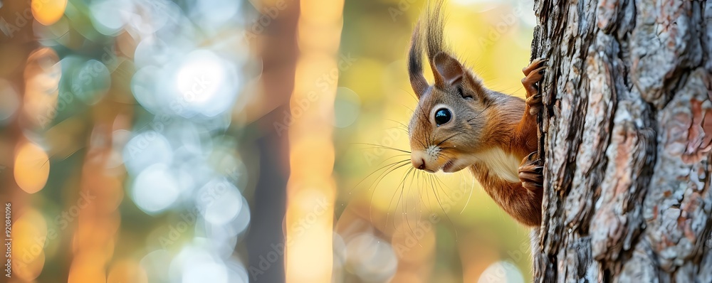 Poster a red squirrel peeking around a tree trunk in a forest