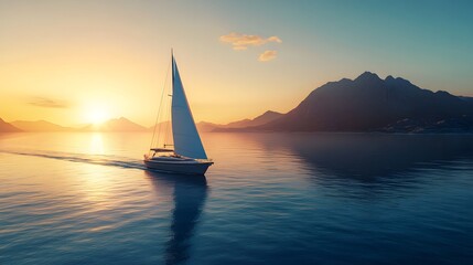 Sailboat at dawn, bright morning light, calm sea, golden sunlight on sails, coastal mountains, clear sky, aerial view, crystal clear water, tranquil atmosphere, yacht adventure.