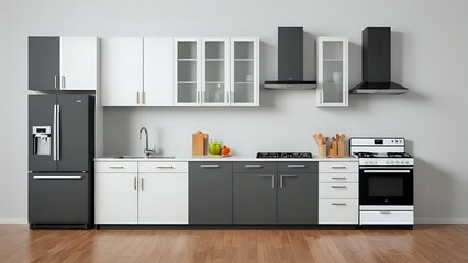 Modern kitchen interior with white and gray cabinets, a black refrigerator and a stainless steel oven.