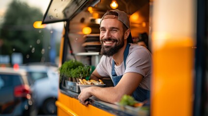 Entrepreneur using a food truck to pitch a culinary startup concept