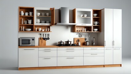 Modern kitchen with white cabinets and wooden accents.
