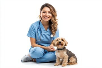 A compassionate veterinarian who truly loves animals and has a happy, playful dog companion by their side, embodying the joyful spirit of companionship and the anticipation of caring for pets