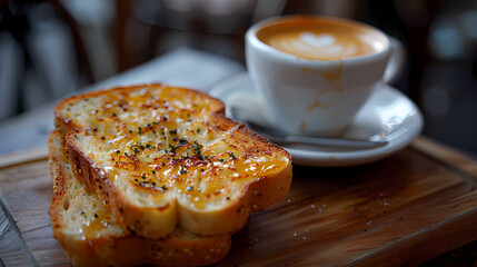 hot tea ,Grilled Butter Bread Topped with sweetened condensed milk / Cappuccino