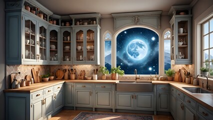 A traditional kitchen with a view of a full moon and starry night sky through a large arched window.