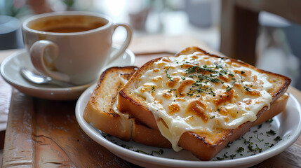 hot tea ,Grilled Butter Bread Topped with sweetened condensed milk / Cappuccino
