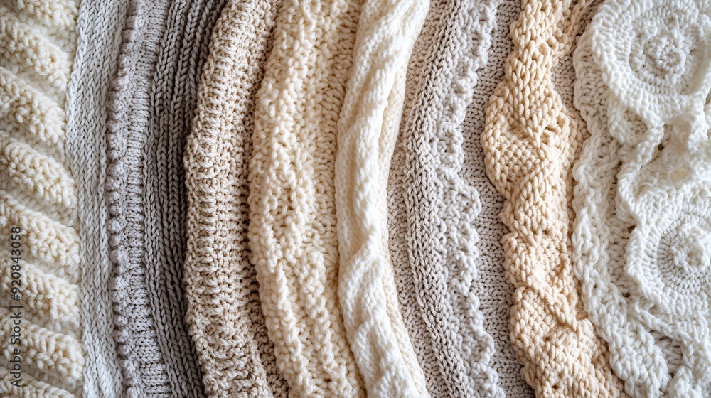 Poster background made from crocheted fabric with intricate patterns in soft pastel colors