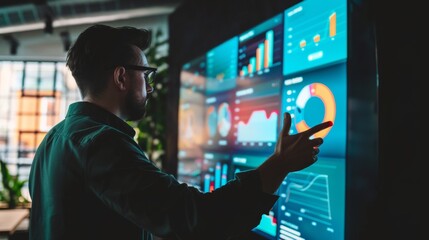 An entrepreneur gesturing towards a screen displaying key metrics and KPIs