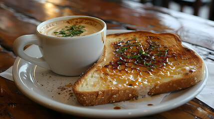hot tea ,Grilled Butter Bread Topped with sweetened condensed milk / Cappuccino