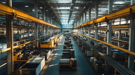 Fototapeta premium Large Indoor Industrial Factory Warehouse with Overhead Cranes and Machinery