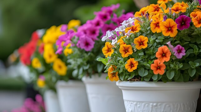 Vibrant potted flowers, white ceramic planters, colorful petunias, pansies, and marigolds, garden variety, lush foliage, spring bloom display, outdoor terrace setting. - Powered by Adobe