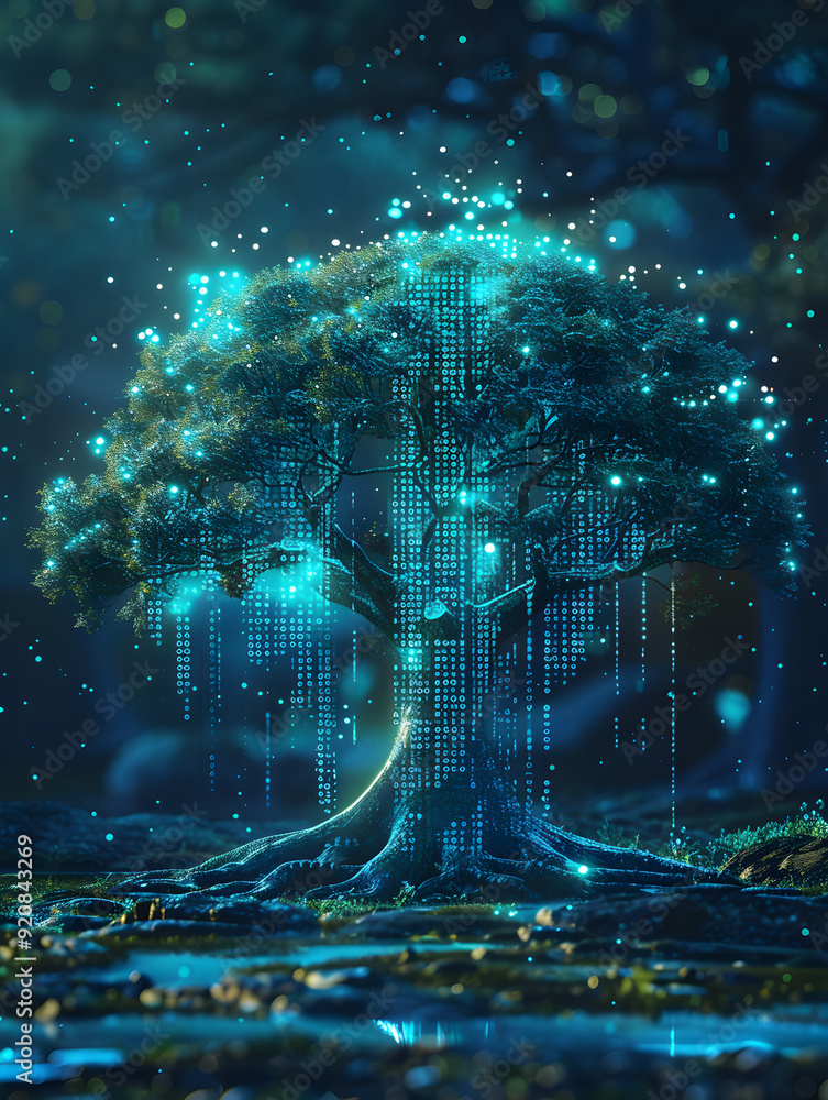 Poster photo realistic data tree with dma text logo tech focused t shirt design concept for hierarchical da