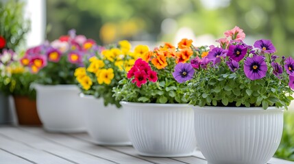 Vibrant potted flowers, white ceramic planters, colorful petunias, pansies, and marigolds, garden variety, lush foliage, spring bloom display, outdoor terrace setting.