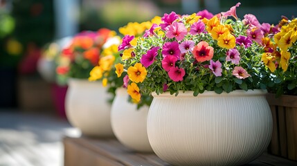 Vibrant potted flowers, white ceramic planters, colorful petunias, pansies, and marigolds, garden variety, lush foliage, spring bloom display, outdoor terrace setting.