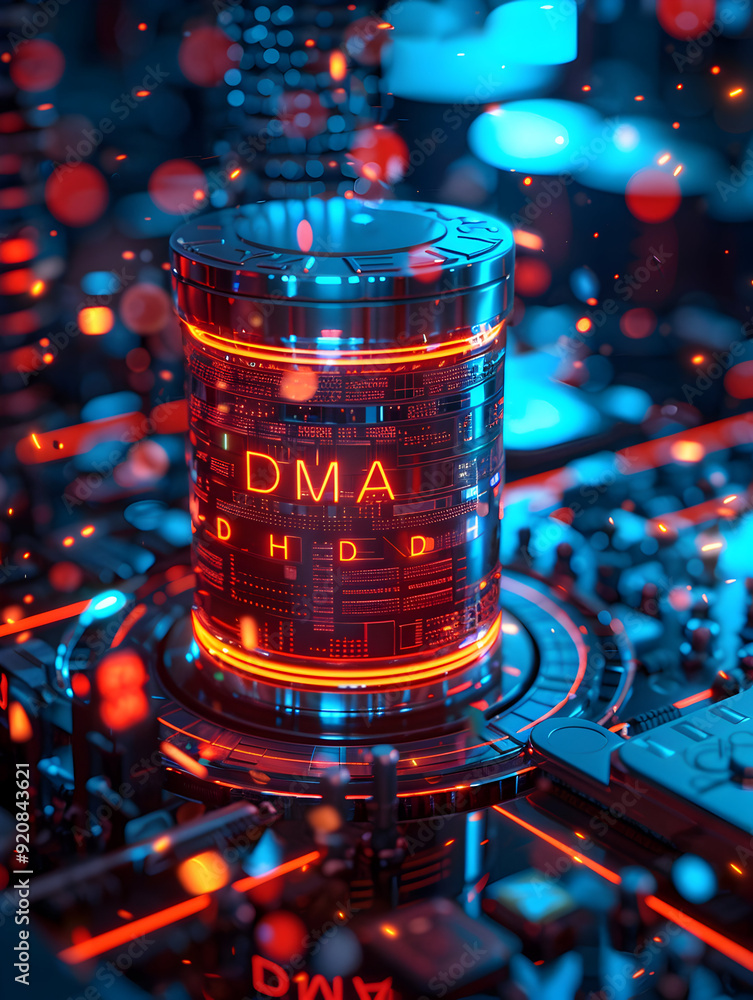 Poster photo realistic database icon with dma letters logo for t shirt design representing structured data 